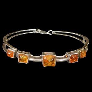 VINTAGE 90s Sterling Silver & Baltic Amber Hinged Bangle Bracelet